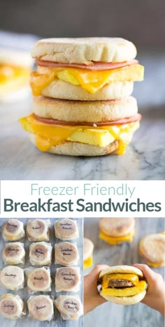 breakfast sandwiches with egg, bacon and cheese on them are shown in this collage