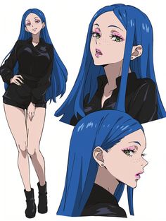 an anime character with long blue hair and black clothes, posing for the camera in three different poses