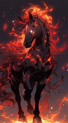 a horse that is standing on its hind legs in the air with flames all around it