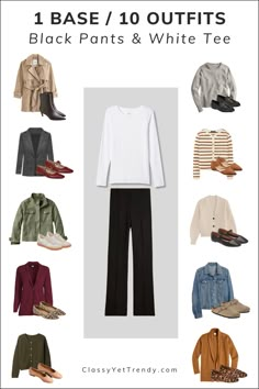 20 Easy Everyday Outfits For Women Over 50, Weekend Autumn Outfit, Simple Fall Wardrobe, Fall In Atlanta Outfits, Black Pants Outfit Ideas For Women, Classic Pieces Fashion, Minimalist Classic Wardrobe, Grey Khaki Pants Outfit Women, Black And White Wardrobe Capsule