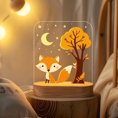 a night light with a fox and tree on it