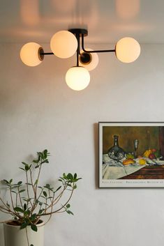 a plant is sitting on a table in front of a wall with three lights above it