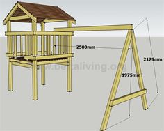 a wooden swing set with measurements for the top and bottom part, including an upper deck