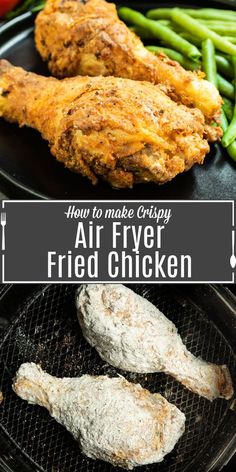 air fryer fried chicken on the grill with green beans and tomatoes in the background