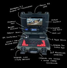 an open laptop computer sitting on top of a black surface with words written below it