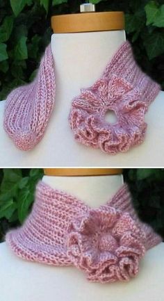 two pictures of a pink knitted scarf on a mannequin headband and neck piece