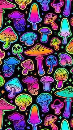 colorful mushrooms and stars on a black background