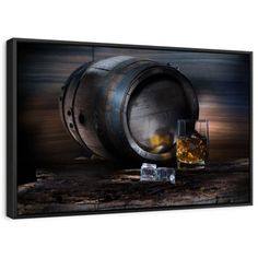 an old barrel with two glasses and ice cubes on the table canvas wall art print