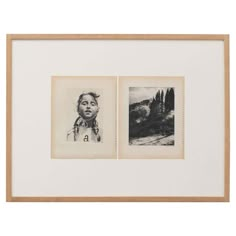 two black and white photographs hanging in a wooden frame on top of a wall next to each other