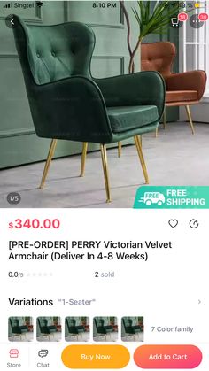 a green chair sitting on top of a wooden floor