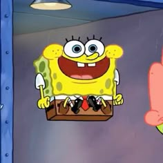 an animated spongebob character hanging from the ceiling with his hands in front of him