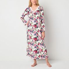 Get cozy and comfortable in this Adonna women's long-sleeve floral-print nightgown. Cut in a maxi-length style from soft stretch-jersey, this nightdress has a v-neckline with a lace trim and button-front closures.Features: Lace TrimClosure Type: Button, Pullover HeadNeckline: V NeckSleeve Length: Long SleeveApparel Length: 52 InchesFiber Content: 90% Polyester, 10% SpandexFabric Description: JerseyCare: Machine Wash, Tumble DryCountry of Origin: Imported Long Sleeve Floral Print Sleepwear For Lounging, Floral Print Long Sleeve Sleepwear For Lounging, Printed Long Sleeve Sleepwear, Floral Print Long Sleeve Nightgown For Loungewear, Long Sleeve Floral Print Sleepwear For Loungewear, Long Sleeve Floral Print Loungewear Sleepwear, Floral Print Long Sleeve Loungewear Sleepwear, Long Sleeve Floral Print Nightgown For Spring, Long Sleeve Floral Print Sleepwear