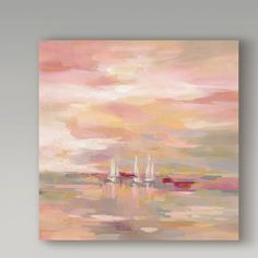 an abstract painting of sailboats on the water at sunset with pink clouds in the background