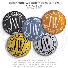 four different colored buttons with the words, pure worship convention written in black and white