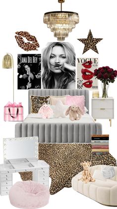 a bedroom with leopard print and pink accents