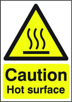 caution hot surface sign is shown in black and yellow