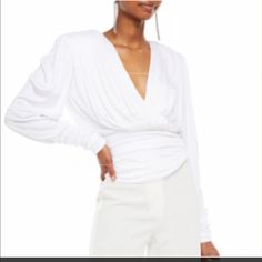 New With Tag. Top Stretch Jersey Ruched Wrap-Effect Front Shoulder Pads. Concealed Snap Fastening Along Side Stretchy Fabric . Mid Weight Fabric. Dry Clean. Made In Italy. Size 46 Fits Us8