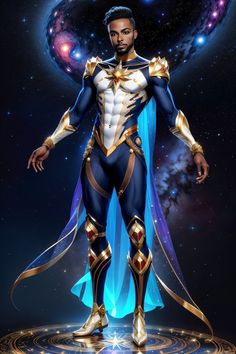 a man dressed in blue and gold standing on top of a star field with his arms outstretched