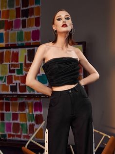 Black Sexy Collar Sleeveless Fabric Plain  Embellished Non-Stretch Summer Women Clothing Crop Tube Top, Cropped Tube Top, Extra Fabric, Women Tops, Ruffle Trim, Tube Top, Summer Women, Strapless Top, Women Clothing