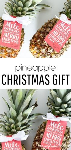 three pineapples with christmas gift tags on them