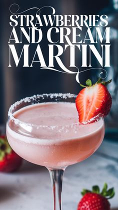 strawberries and cream martini cocktail recipe for valentines day Tequila Rose Martini, Spring Martini Recipes, Ice Cream Cocktail Recipes, Strawberries And Cream Cocktail, Valentines Martini Drink Recipes, Creamy Martini Recipes