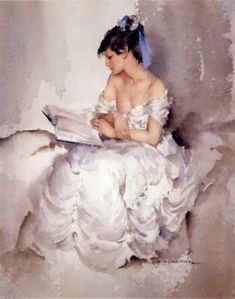 a painting of a woman in white dress sitting on a bed and reading a book