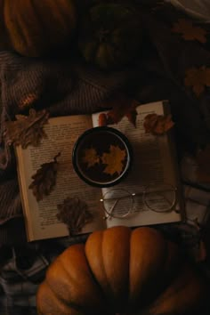 an open book, glasses and pumpkins on a blanket with fall leaves around it