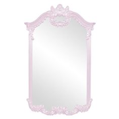 a white mirror with pink trimmings on the edges and an ornate frame around it