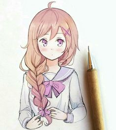 a pencil drawing of a girl with long hair wearing a bow and holding a pink ribbon