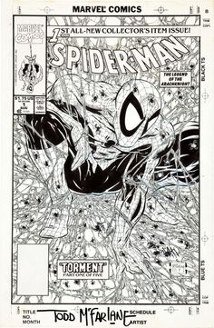 the amazing spider - man comic cover by tom parker, drawn in black and white