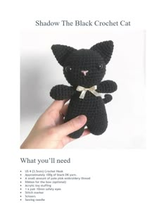 a crocheted black cat is shown in this brochure with instructions to make it