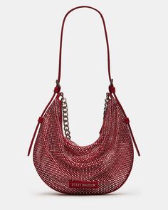 Expertly designed DREAMIN bag features see-through mesh, crystals, and a chunky chain. This versatile bag offers both functionality and style, allowing you to easily see and access your belongings while making a statement with stunning crystal embellishments. Perfect for any occasion, add a touch of elegance to your outfit with this must-have bag Rhinestone embellished buckles on adjustable shoulder strap Top zip closure Removable inner pouch Chunky curb chain detail Shoulder strap: 12 inches 6. Strap Top, Crystal Embellishment, Women's Handbags, Strap Tops, Curb Chain, New Handbags, Embellishments, Women Handbags, Shoulder Strap