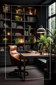 an office with plants and bookshelves in it