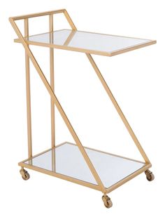 a gold metal and glass serving cart with wheels on the bottom, one side is open