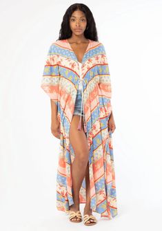 Orange and blue chevron striped duster styled Kimono Striped Kaftan For Summer Beach Cover-up, Spring Beach Cover-up Duster, Red Bohemian Beach Cover-up For Beach Season, Bohemian Red Cover-up For Beach Season, Red Bohemian Beach Cover-up, Red Bohemian Beach Season Cover-up, Red Bohemian Spring Cover-up, Red Bohemian Kimono For Beach Cover-up, Bohemian Spring Beach Duster Cover-up