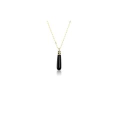 14k Yellow Gold Large Hand Carved Black Onyx Drop Pendant with White Diamonds accents along the Cap and Bail. Wear this bold Drop as the anchor piece when layering necklaces or solo for an elegant accent year-round. 14k Yellow Gold Hand Carved Black Onyx 28.46 cts White Diamonds 0.36 cts Approx. 49.5mm x 10mm Style Note: This pendant does not come with a chain. Formal Onyx Necklace With Polished Finish, Classic Onyx Necklace With Black Enamel, Elegant Onyx Necklace With Black Enamel, Classic Black Necklace With Cable Chain, Formal Onyx Necklace With Black Enamel, Black Enamel 14k Gold Necklace, Classic Onyx Necklaces For Formal Occasions, Elegant Black Enamel 14k Gold Necklace, Elegant 14k Gold Necklace With Black Enamel