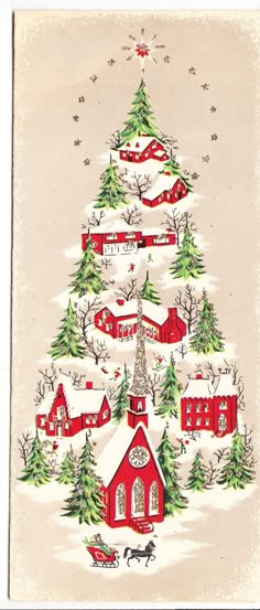 an old fashioned christmas card with a tree and houses