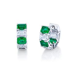 Our Alternating Diamond & Emerald Huggie Earrings are a true testament to the timeless glamour of Norman Silverman. These luxurious earrings feature a total carat weight of 4.59, with stunning emerald-cut diamonds and vibrant emeralds that create a truly elegant look. The diamonds have a color range of G to H and a clarity of VS, ensuring that they are of the highest quality. The 18k white gold setting adds a touch of refinement and sophistication, making these earrings the perfect choice for an Elegant Luxury Diamond Huggie Earrings, Luxury Emerald Cut Sterling Silver Earrings, Luxury Timeless Diamond Earrings, Luxury White Emerald Jewelry, Luxury Silver Emerald Cut Earrings, Luxury Emerald Cut Birthstone Jewelry, Luxury Emerald Cut Sterling Silver Diamond Earrings, Luxury Timeless Emerald Cut Jewelry, Luxury Sterling Silver Emerald Cut Earrings