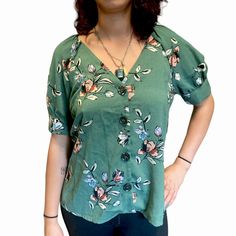 Nwt Olm Floral Blouse Button Down V Neck 19” Pit To Pit Women’s Large Shown On My Daughter Who Takes A Small For An Oversized Look. 100% Polyester Beautiful Dark Sage Green With Rose And Rust Colored Floral Trendy Vacation Tops With Button Closure, Casual Cotton Blouse With Back Button Closure, Trendy Tops With Button Closure For Vacation, Feminine Summer Tops With Button Closure, Chic Vacation Tops With Button Closure, Feminine Button Closure Tops For Summer, Feminine Tops With Button Closure For Summer, Chic Tops With Button Closure For Vacation, Feminine Shirt With Button Closure For Day Out