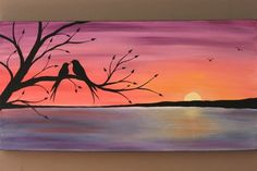 a painting of two birds sitting on a tree branch with the sun setting in the background