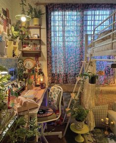 a cluttered room with lots of plants and furniture