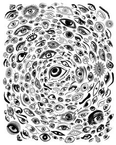 an abstract black and white drawing with many different types of eyeballs in the center