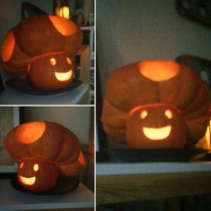 three pictures of pumpkins with faces carved into them