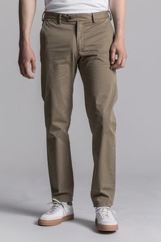 The Chino - Taupe - Tapered Mens Pants - Cottton Stretch Trousers Classic Cotton Bottoms With Five Pockets, Tapered Straight Leg Cotton Work Pants, Elegant Full Length Cotton Pants, Classic Tapered Chino Cotton Twill Pants, Spring Chino Cotton Twill Chinos With Five Pockets, Stretch Straight Chinos With Welt Pockets, Spring Chinos In Chino Cotton Twill With Five Pockets, Cotton Work Pants With Straight Hem And Five Pockets, Elegant Cotton Jeans With Pockets