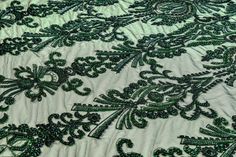 Emerald green beads, sequins, and embroidery on an emerald green tulle. Green Tulle, Embroidered Tulle, Green Beads, Green Bead, Damask, Emerald Green, All The Colors, Emerald, Textiles