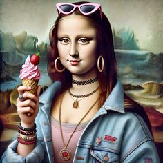 a painting of a woman holding an ice cream cone with a strawberry on it's tip