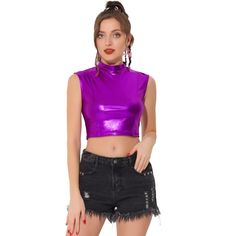 The shiny metallic crop top can be added to your top collection. Suitable for many occasions, such as parties, clubwear, holidays, and dance club raves. Pair with any tight trousers or short skirts for a chic and hot look. Made from shiny Metallic Fabric, this tank top will make you stand out in the crowd. Believe you will need a tank top like this to match your pants. Trendy Fitted Metallic Tank Top, Shiny Top For Club And Party Season, Metallic Fitted Trendy Crop Top, Trendy Fitted Metallic Crop Top, Metallic Disco Tank Top For Club, Shiny Club Tops For Spring, Spring Club Tops With Shiny Details, Disco Sleeveless Crop Top For Party, Disco Style Sleeveless Club Tops