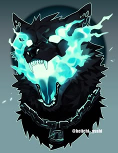 an image of a wolf with blue flames on it's chest and head in the background