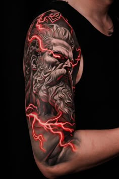 a man's arm with lightning and an image of the head of jesus on it