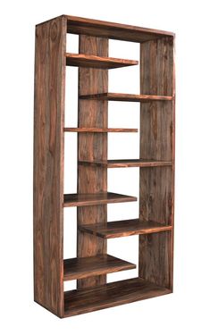 a wooden bookcase with four shelves on one side and two open ones on the other